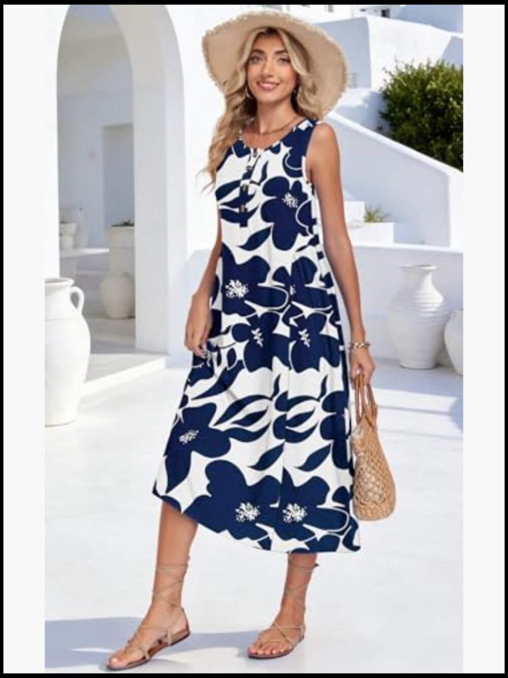 Sleeveless Button Maxi Dress with Pockets A-Line Flowy Summer - Picture 2 of 7